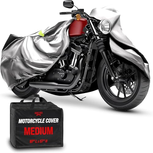 Badass Moto Ultimate Waterproof Motorcycle Cover - Outdoor Storage Motorcycle Covers for Harleys - Street or Sport Bike. Taped Seams, Windshield Liner, Heat Shield, Vents, Reflective - Medium | Motorcycle cover waterproof outdoor; fits Harley Sportster, Honda Rebel, Hayabusa, Burgman maxi scooter & standard bikes