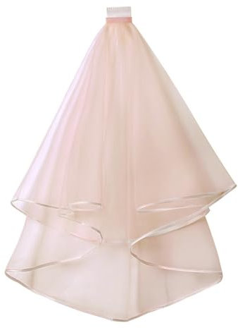 FUXIU Voile de mariée double couche en tulle pour femme - Voile de mariage court avec peigne et ruban au centre - Coiffe de mariée - Couleur unie, rose, Taille Unique