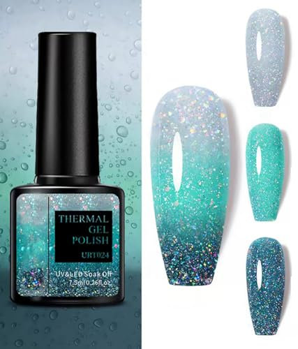 Colour Changing Gel Nail Polish, Thermal Temperature Color Changing Gel Nail Polish with Diamond Glitter Long Lasting Glossy Nail Polish for DIY Nail Art Manicure at Home (24#)
