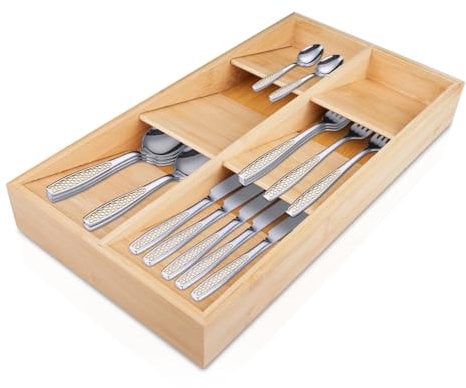 SenaiMy Cutlery Tray, Wooden Bamboo Cutlery Tray, Wood Cutlery Drawer Tray, Cutlery Tray for Drawer, Kitchen Drawer Insert, Cutlery Drawer Organizer, Kitchen Drawer Organiser for Tableware, Cosmetics