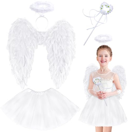 Yezmo Alas de Angel, Disfraz de Angel Mujer Niña Adulto Accesorios de Angel con Falda Tutu de Tul en Capas Diadema con Halo Varita de Angel para Fiesta Cosplay