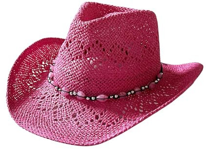 HIQIU Sombrero vaquero de paja para mujer, sombrero de vaquera occidental con ribete de perlas y ala moldeable, rosa y rojo, M