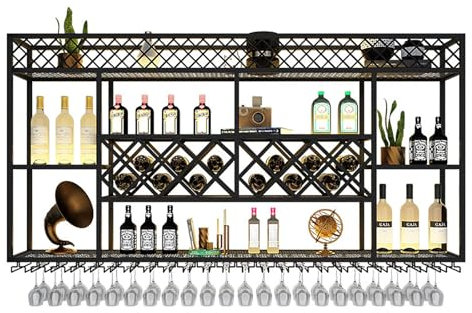 Moderno Portabottiglie da Parete con Porta Calici,Portabottiglie a Parete, Porta Bottiglie di Vino da Parete Moderno Portabottiglie da Parete con Porta Calici Design Multi-Gancio Ripiani Bar Mobile(15