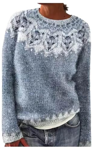Norweger Pullover Damen, Strickpullover Winter Warm Kaschmir Winterpullover Elegant Rundhals Langarm Bunte Norwegermuster Casual mit Aufdruck Gestrickte Pulli Oversize Wollpullover Fleecepullover