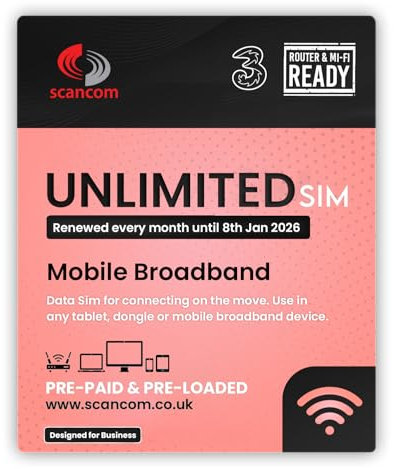 Three Unlimited Data Sim – Uncapped 5G Speeds – Preloaded EVERY MONTH Until 8th JANUARY 2026 – No Contract – Plug & Play for Business Broadband, Routers & Phones