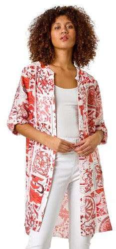 Roman Floral Print Longline Blouse for Women UK - Ladies Spring Everyday Summer Holiday V-Neckline Comfy Long Sleeve Soft Button Up Shirt Vacation Beach Tops - Red White - Size 16