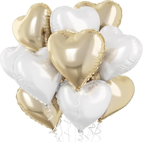 Gold Weiß Herz Folienballons, 18 Zoll Hellgold und Weiss Foilen Herz Ballons, 10 Stück Pastell Gold und Weiß Party Dekoration für Mädchen Frauen Geburtstag Baby Party Hochzeit Valentinstag