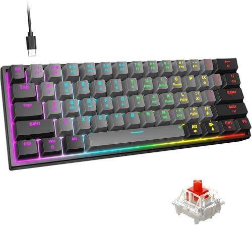 Snpurdiri 60% kabelgebundene Mechanische Gaming Tastatur, 61 Anti-Ghosting-Tasten, Blaue LED-Hintergrundbeleuchtung, ultrakompakte Zwei Ständer(Rot Schaft/Schwarz Grau/RGB)
