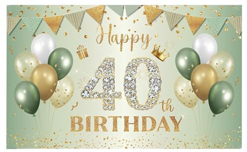 Decoración Cumpleaños 40 Años Sage Green Gold,Pancarta Fondo 40 Cumpleaños 180 * 110cm+2 Guirnalda De Bandera Triangular,Tela Pancarta De Fiesta Cumpleaños para Interiores Y Exteriores