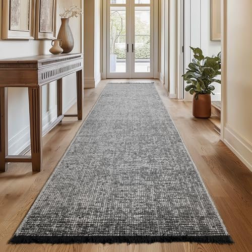 SIMPEX, Chenille Teppich Baumwolle Läufer Grau 80x250 cm Waschbar, Boho-Stil, Kurzflor, Vintage Kelim, Einfarbig, Für Vintage Kelim, Kurzflor, rutschfest & Weich, Für Küche, Flur & Schlafzimmer