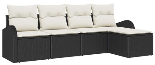 vidaXL Garten-Sofa-Set mit Kissen 5 pcs Schwarz und Weiß Poly Rattan, Moderne Gartenmöbel, rechteckige Sofas, modulare Sitze mit verstellbaren Füßen, UV-beständig und robust!