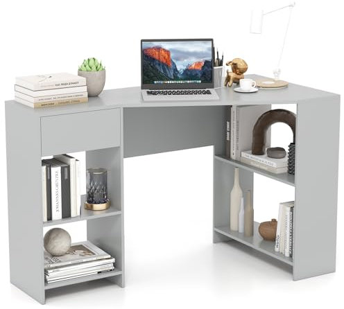 COSTWAY L-Shaped Computer Desk, 120cm Corner Wooden Study Table Writing Workstation with Open Shelves & Drawer, Modern PC Laptop Table Working Desk for Home Office Bedroom (Grey)