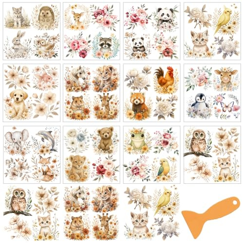 GOMAKERER 48 Styles Rub On Transfers Für Kunsthandwerk Und Möbel, 12 Blatt Pastelltiere Rub On Transferaufkleber Vintage Blume PVC Rub On Decals Für DIY Home Fenster Craft Decor