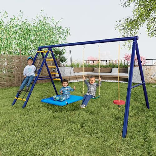 ZHPPED Schaukelgestell Outdoor mit 3 Schaukeln und Klettergerüst, Metall Kinderschaukel Schaukelgerüst Schaukelständer mit Basketballkorb für Kinder, Garten Schaukelgerüst, Hängeschaukel