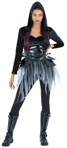 Smiffys Dark Warrior Costume for Women, Black Gothic Warrior Halloween Fancy Dress Outfit with Hooded Top, Corset Detail and Jagged Skirt for Parties and Cosplay