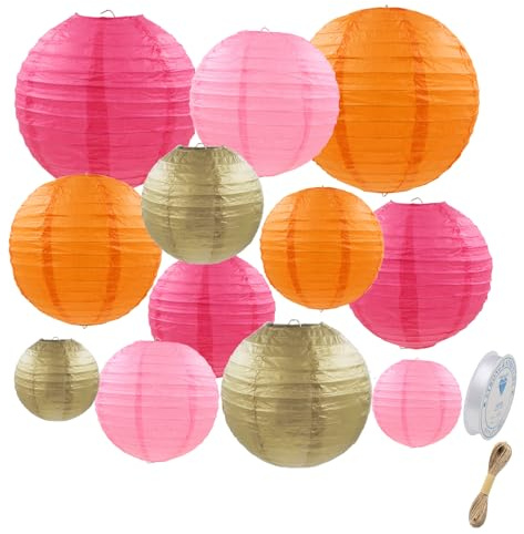 12 Stück Papieraterne-Salbeigrün Papier Laterne Rund Hängende Papierlaternen - Grün Gold Rosa Papier Lampions für Braut Hochzeitsdekorationen Geburtstagsfeier Gartenparty (Rosa orange Gold)