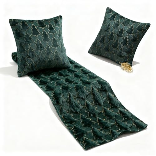 Weihnachtsdekoration 3er-Set, 2 Stück 45X45cm Kissenbezüge Weihnachten 1Stück 33x183 cm Weihnachten Tischläufer mit Pailletten und Weihnachtsbaum für Büro Home Wohnzimmer Schlafzimmer Couch (Grün)