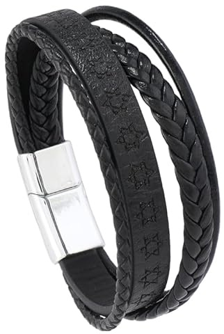 HUIANGLIYG Bracelet En Cuir Tressé Étoile De David Pour Homme, Bracelet Manchette Tressé Multicouche Avec Fermeture Magnétique, Accessoire Élégant De Style Punk Rock