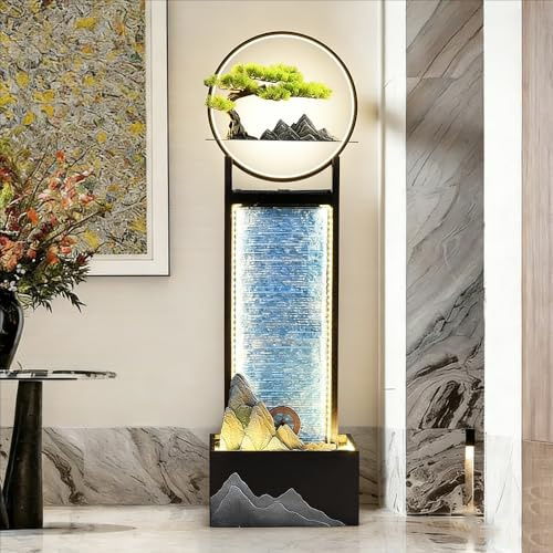 Generisch 131/168cm Zimmer Gartenbrunnen Moderner Wasserfall Wasservorhang mit LED mit Pumpe im schlichten Design für Wohnzimmer, Büro, Terrasse oder Balkon