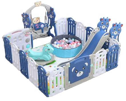 Kids Play Yard, 12+2 Faltbarer Baby Laufstall mit Bällebad und Rutsche, Blau und Weiß Bär Design, Indoor/Outdoor, Inklusive Krabbelmatte, für 6-36 Monate Baby (Laufstall + Schaukel + Pool + Rutsche+