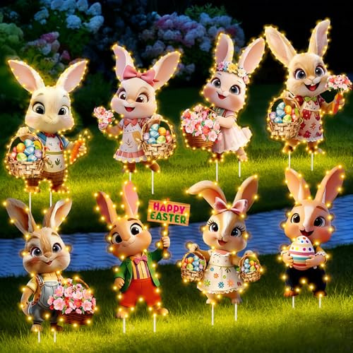 YOUYIKE 8 Stück Gartenstecker Osterhase, LED Leuchtender Garten Figuren Draußen Hasen Gartenschilder Blumenstecker für Ostern Frühlingsdeko Outdoor