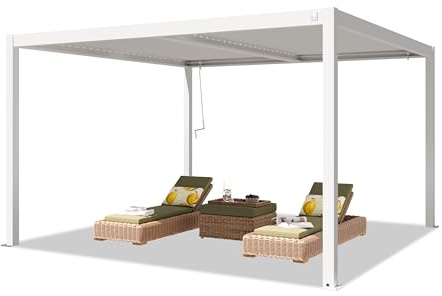PRIMEYARD Pergola 4x4 m poteaux en Aluminium Blancs avec Lames orientables en Acier pavillon