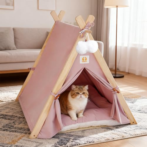 PETCUTE Tente tipi pour Chats et Petits Chiens, Pliables Tente pour Chiens avec Structure Triangulaire en Bois et Coussin Amovible, Niche d'intérieur Confortable pour Chat,Rose