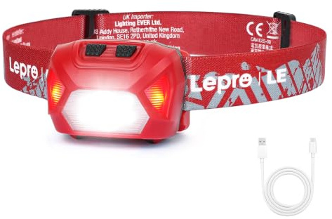 Lepro Stirnlampe LED Wiederaufladbar, USB C Kopflampe mit 6 Modi & Rotlicht | 2000 Lux Superhell Kopflampe Stirnlampe, 6 Modi & Rotlicht, IPX4 Wasserdicht Stirnleuchte, Ideal für Camping&Joggen, Rot