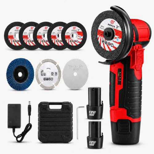 Mini meuleuse d'angle sans fil 12 V, 76 mm, sans balais | 2 batteries de 1500 mAh et 8 disques, coupe sans fil 19500 tr/min, mini flex pour bois et carrelage (rouge)