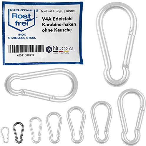 4 Stück Karabinerhaken klein 4mm Starke Karabiner Edelstahl Haken Schlüsselanhänger ohne Auge Kausche Bruchlast 590 kg Edestahhlkarabiner 4x40 mm Hängematte Schaukel