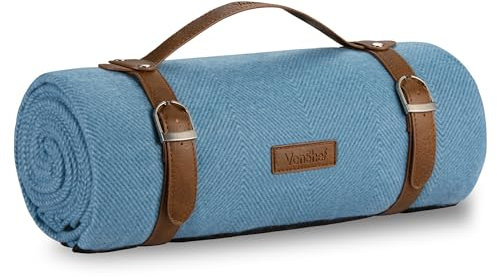 VonShef Picnic Blanket, Blue Herringbone Outdoor Rug with Waterproof Backing, 6 Person Weatherproof Picnic Mat with Faux Leather Handle, Water Resistant Camping Accessories, 147x180cm