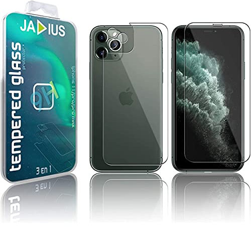 JADIUS [3 in 1 Tempered-Glass for iPhone 11 Screen Protector/iPhone 11 Back Screen Protector/iPhone 11 Camera Lens, 9H Hardness Anti-Fingerprint for Apple iPhone 11 transparent