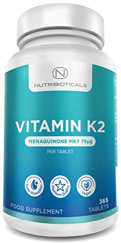 Vitamin K2 MK7 75mcg – 100% Recommended Daily Amount, 365 Tablets 1 Year Supply Vegetarian and Vegan, Menaquinon MK7