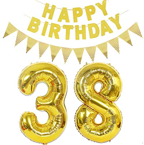 Luftballons Zahl 38 gold + Happy Birthday Girlande + banner Folienballon 38.Geburtstags deko frau mann ballons 38 Jahre Geburtstag deko frauen Zahlenballon 38 Geburtstag dekoration Männer frau(38)