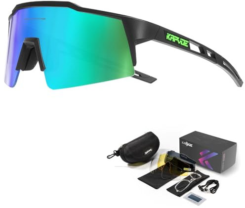 KAPVOE Polarisiert Fahrradbrille mit 4 wechselgläser TR90 Rahmen für Herren Damen Sport Radfahren MTB Sportsonnenbrille Radbrille Sportbrille Fahren Angeln Baseball Laufen 10 Grün Schwarz