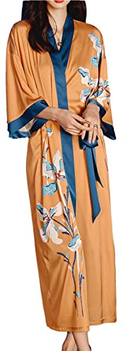 LOCIIXAT Women's Long Satin Kimono Robe Loose Cover-up Flower Print Dressing Gown Silk Sleepwear Bathrobes