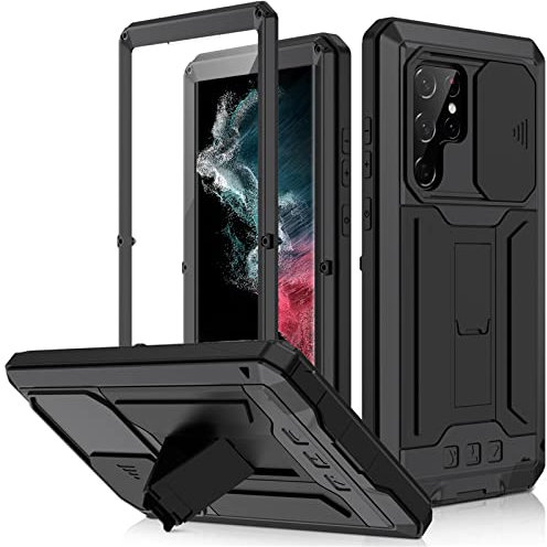 qichenlu Metall Bumper Displayschutz Glas Silikon 360 Grad Hülle für Samsung Galaxy S22 Ultra,Schiebare Kamera Abdeckung Ständer,Sturzsichere Panzerhülle,Schwarz