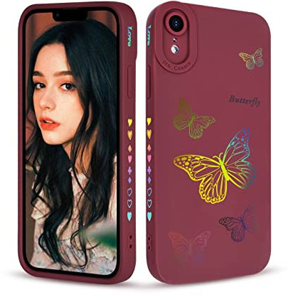 Newseego Case Compatible with iPhone XR, Fashion Gold 3D Butterfly Pattern iPhone XR Protective Cover, Soft Liquid Silicone Shockproof iPhone XR Case for Girls & Women-Claret