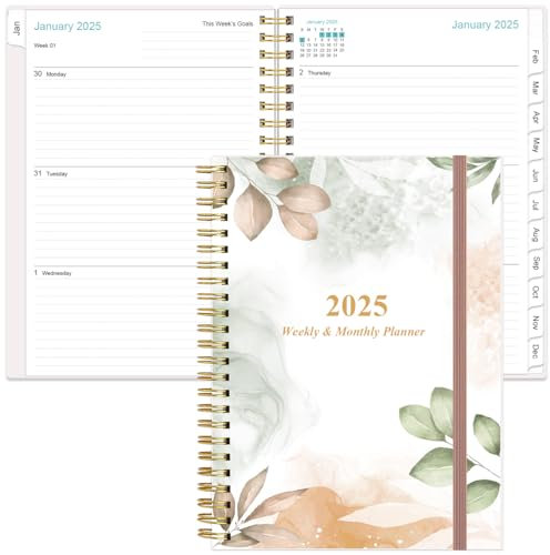 2025 Planner - A5 Weekly & Monthly Planner & Journal to Track Goals, January 2025 - December 2025, Medium 5.8 x 8.5, Rose Leaf