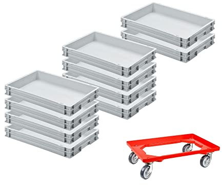 SparSet 10x Eurobehälter mit geschlossenem Griff & 1x Transportroller Rot | HxBxT 7,5x40x60cm | 15 Liter | Eurobox, Transportbox, Transportbehälter, Stapelbehälter
