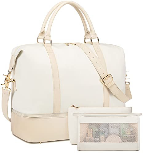 Weekender Übernachtungstasche, Handgepäck, Reise-Tragetasche, PU-Leder-Schultergurt, Oxford-Beige, 3 Stück