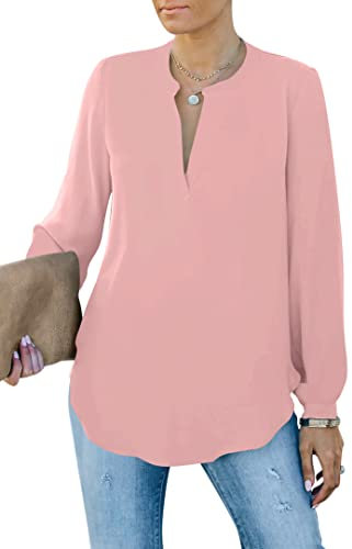 Homlan Chemisier élégant pour Femme - Col en V - Manches Longues - Décontracté - Tunique à Manches Longues - Couleur Unie, Rose, S