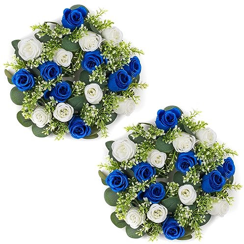 NUPTIO Künstliche Blumen Kranz für Hochzeitsdeko - 2 Stück 38cm Durchmesser Königsblau & Weiß Rosen Kuenstliche Seidenblumen Fake Blumenstrauß für Türkranz Moden kunstblumen Wie Echt