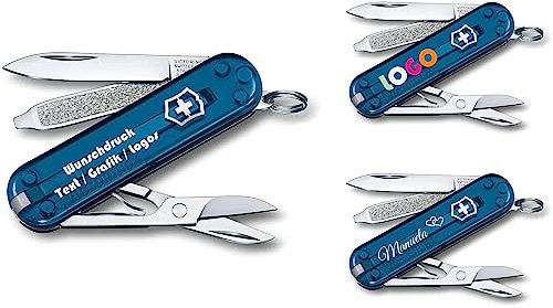 Victorinox Couteau de Poche Classique SD Avec Demande Impression Sur Coque I Cadeau pour Hommes Femmes I Cadeaux Pour Anniversaire I Suisse Personnalisé 7 Fonctions 0.6223 (bleu pétrole transparent)