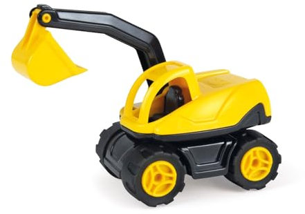 Lena 1261 Workies Bagger 13 cm, Baustellenfahrzeug aus ABS Kunststoff, Spielbagger mit Gummi-Reifen und verzinkten Stahl-Achsen, Schaufelbagger für Mädchen und Jungen ab 18 Monaten, Gelb, Schwarz
