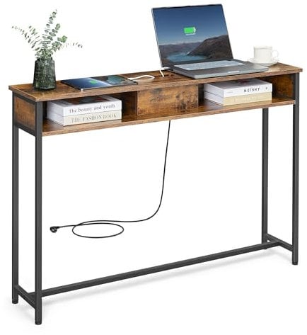 VASAGLE Mesa de Consola Delgada con Multienchufe, Mesa de sofá con 2 Compartimentos, Carga Oculta, Ahorro de Espacio, 25 x 120 x 81 cm, Entrada, Salón, Marrón Rústico y Negro Tinta LNT111K01