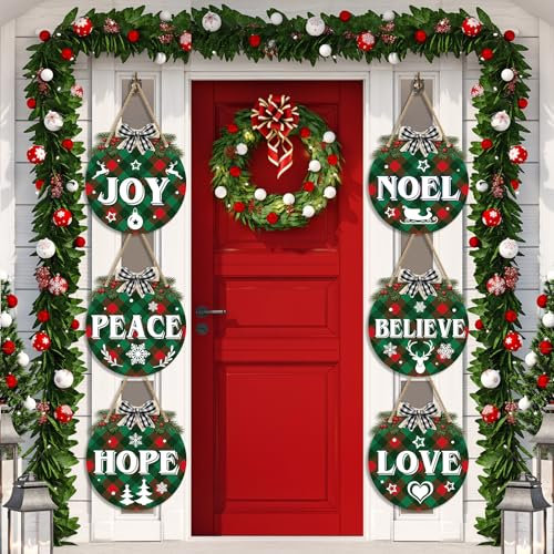 6 decorazioni natalizie da appendere, ghirlande a quadri, in plastica, rotonde, per porta, pace, gioia, amore, cartello decorativo con corda, per feste di Natale, feste, porte d'ingresso, finestre,