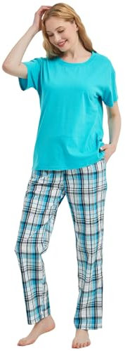 iceBoo Womens Nightwear - 100% Cotton Pyjamas for Women with Side Pockets, Drawstring Waist, Plain Round Neck Top, Check Plaid Pyjama Set - Perfect Ladies Womens Pyjamas (20-22, Aqua (XB33))