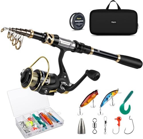 Teleskop-Angelrute und Rollen-Set mit Angelschnur, Angelköder-Set und Zubehör und Tragetasche für Salzwasser und Süßwasser (2,7M)