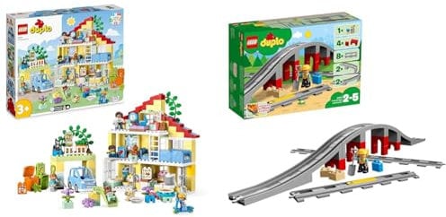 LEGO 10994 DUPLO 3-in-1-Familienhaus, Puppenhaus aus Bausteinen mit Push&Go Auto & 10872 DUPLO Eisenbahnbrücke und Schienen-Set, Eisenbahn